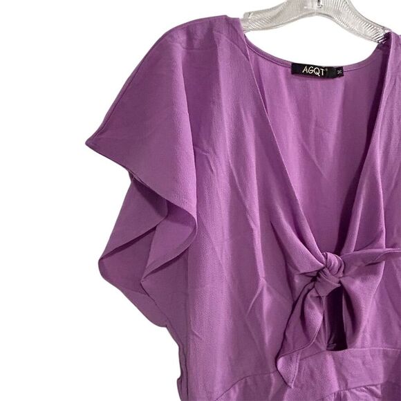 AGQT Women's Medium Purple Tie Front Romper Short Sleeve Casual - Picture 3 of 14